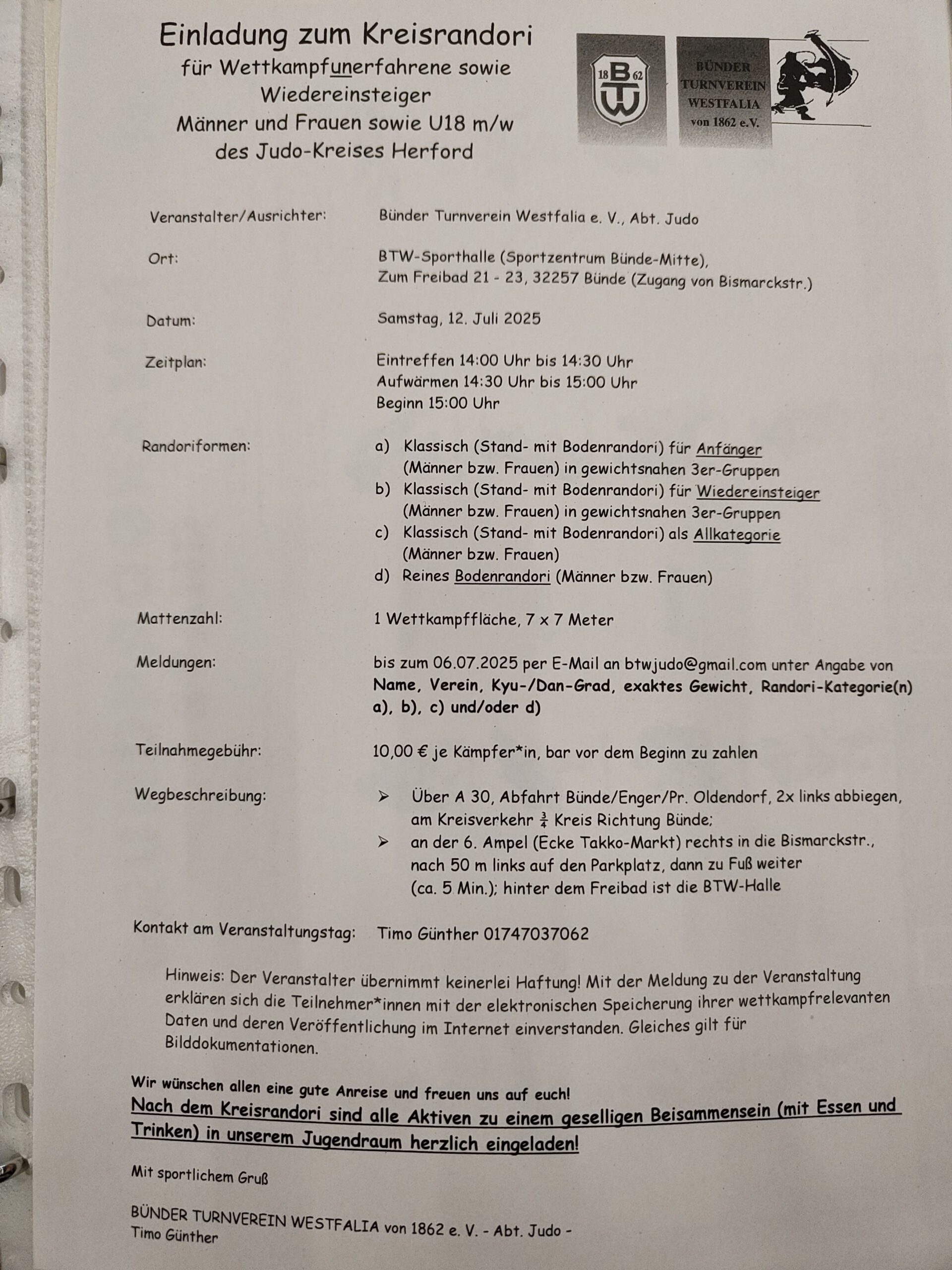 Ausschreibung Freundschaftsturnier Bünde am 12.07.2025